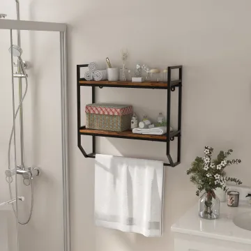 Полиця навісна Costway Loft Wall Shelf для ванної з тримачем для рушників лофт коричневий