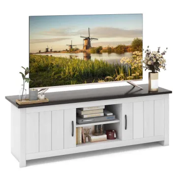 Тумба под телевизор Costway Farmhouse TV Console 65 с дверцами и открытыми полками белая