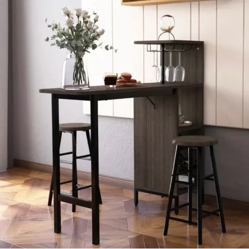 Барний стіл з стільцями Costway Bistro з тримачем винних келихів коричневий