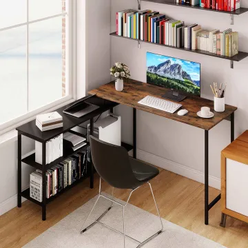 Кутовий комп'ютерний стіл Costway LoftCorner лофт із полицями рустик коричневий