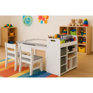 Дитячий набір Costway Fantastik 3 в 1: стіл, 2 стільці, мольберт білий