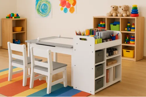Детский набор Costway Fantastik 3 в 1: стол, 2 стулья, мольберт белый