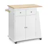 Кухонный остров Costway Rubberwood Kitchen на колесах со шкафчиком и полками белый