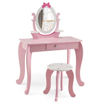 Детский туалетный столик Costway Princess с 1 ящиком и стулом розовый
