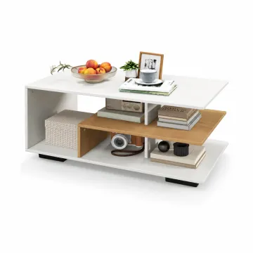 Журнальний столик Costway Modern Two-Tone кавовий з L-подібною полицею трирівневий білий, натуральний