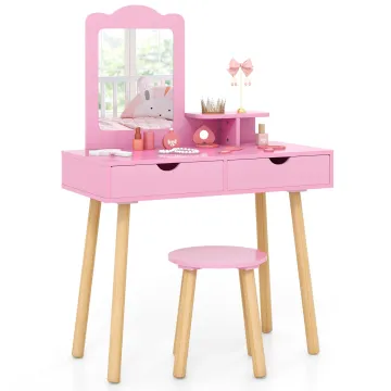 Детский туалетный столик Costway Drawers с 2 ящиками и стулом розовый